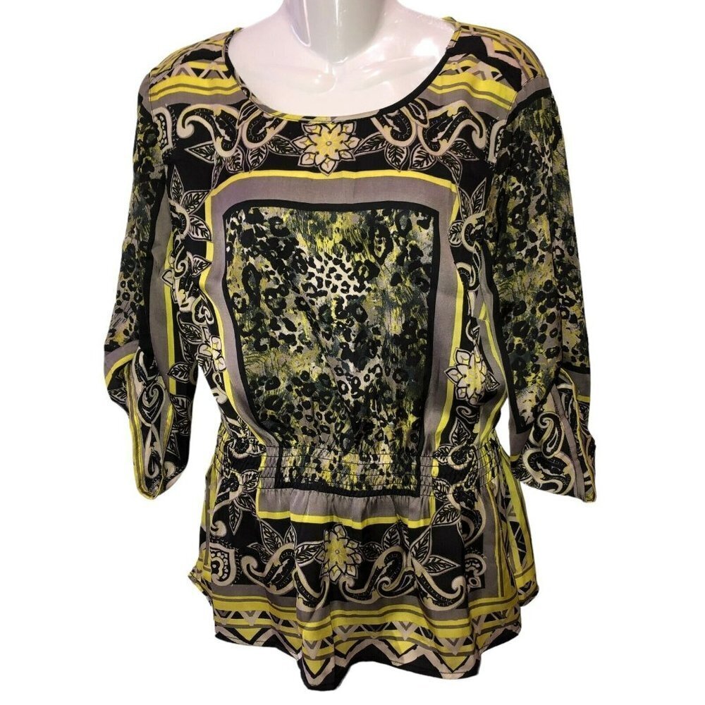 Multiples Medium Black Yellow Print Elastic Waist 3/4 Sleeve Blouse Top Size M